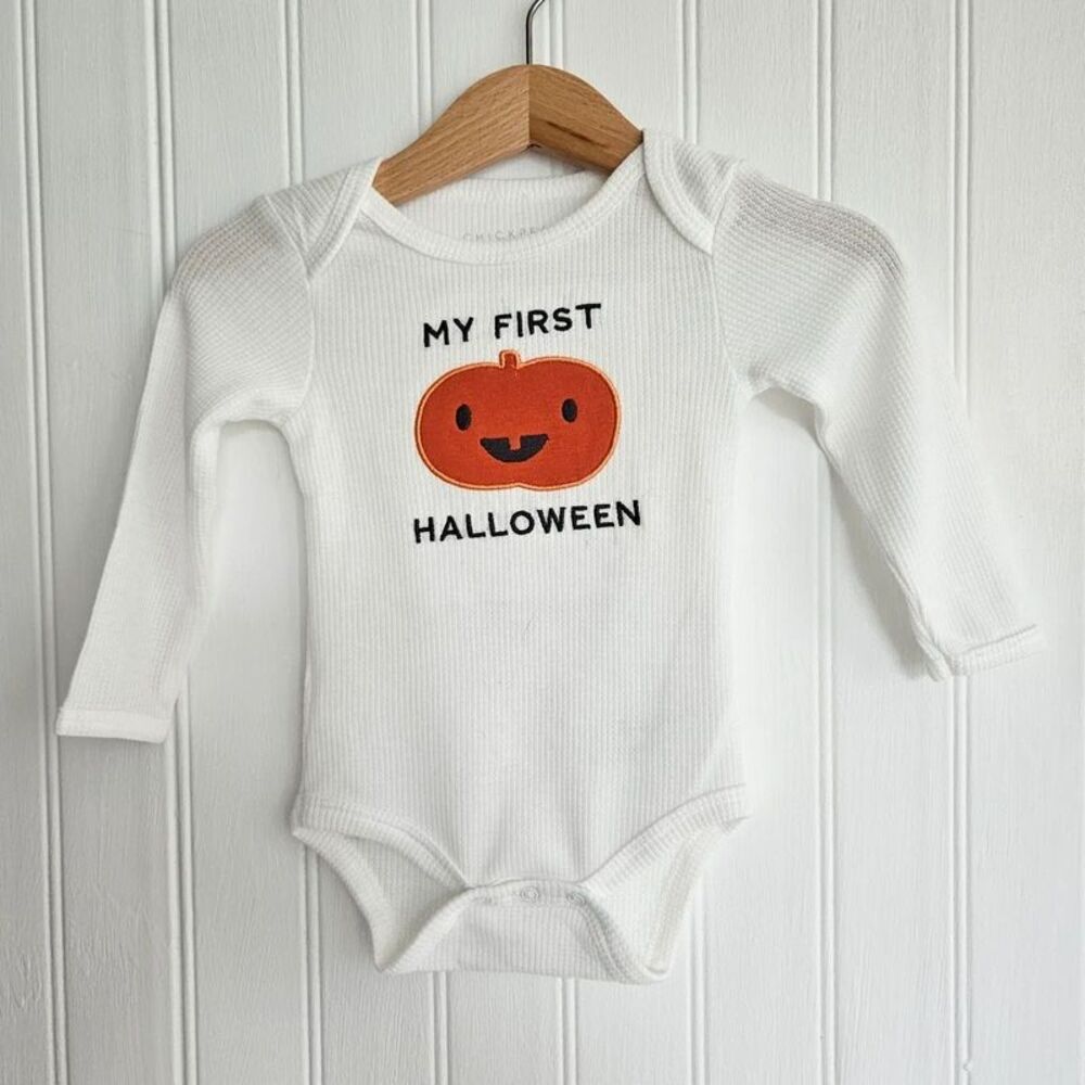 Chickpea Baby Bodysuit Off White Waffle Knit Pumpkin My First Halloween 3-6M
